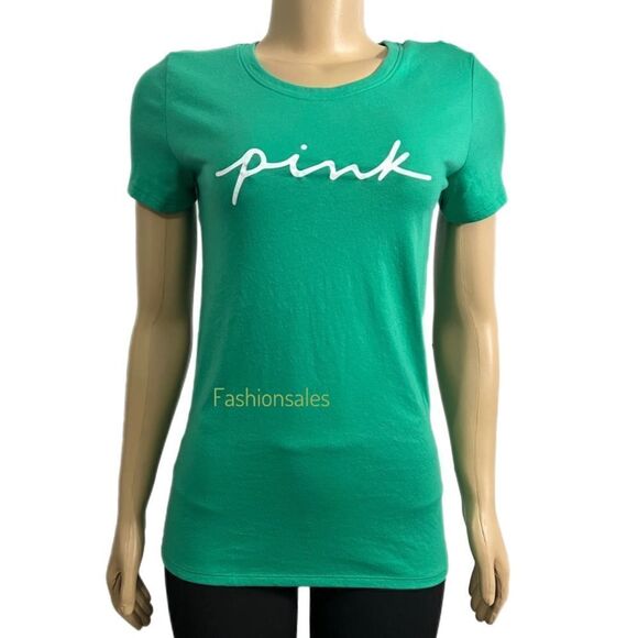 Victoria’s Secret Pink Everyday Crew Neck T-shirt Script Logo Green Xsmall - Picture 2 of 3
